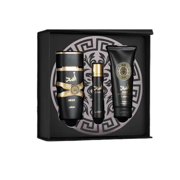 Lattafa Asad 100ml EDP Spray + 12ml EDP Travel Spray + 100ml Shower Gel Gift Set