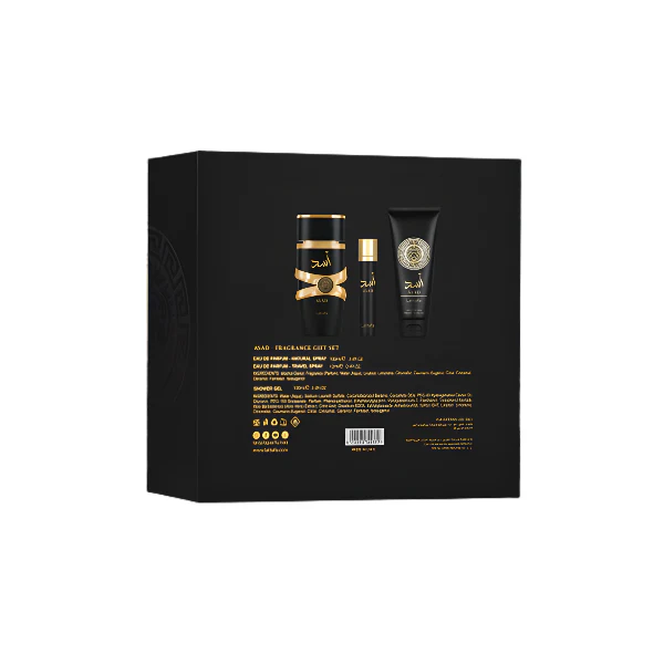 Lattafa Asad 100ml EDP Spray + 12ml EDP Travel Spray + 100ml Shower Gel Gift Set - Image 3