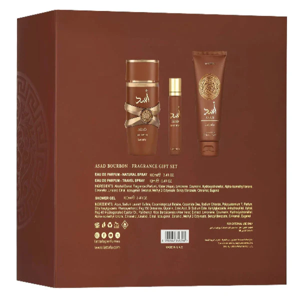 Lattafa Asad Bourbon 100ml EDP Spray + 12ml EDP Travel Spray + 100ml Shower Gel Gift Set - Image 3