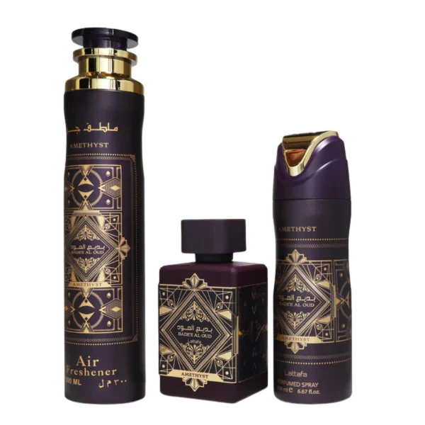 Lattafa Bade'e Al Oud Amethyst 100ml EDP Spray + 200ml Perfume Spray + 300ml Air Freshener Gift Set - Image 2