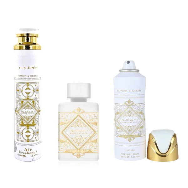Lattafa Bade'e Al Oud Honor & Glory 100ml EDP Spray + 200ml Perfume Spray + 300ml Air Freshener Gift Set - Image 2