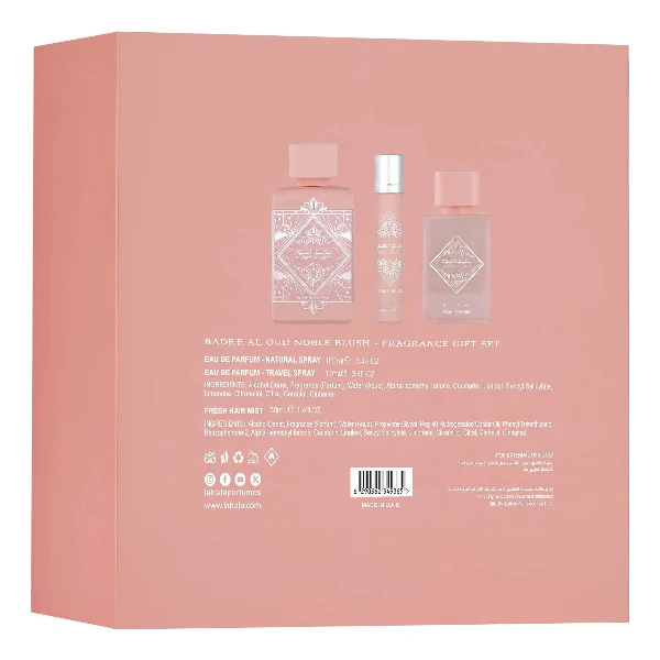 Lattafa Bade'e Al Oud Noble Blush 100ml EDP Spray + 12ml EDP Travel Spray + 50ml Hair Mist  Gift Set - Image 3