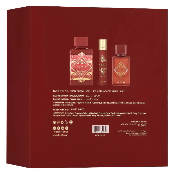 Lattafa Bade'e Al Oud Sublime 100ml EDP Spray + 12ml EDP Travel Spray + 50ml Hair Mist Gift Set - Image 2
