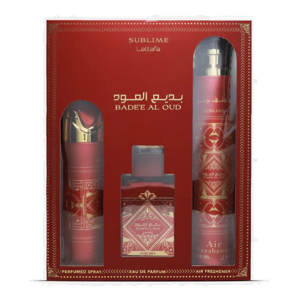 Lattafa Bade'e Al Oud Sublime 100ml EDP Spray + 200ml Perfume Spray + 300ml Air Freshener Gift Set