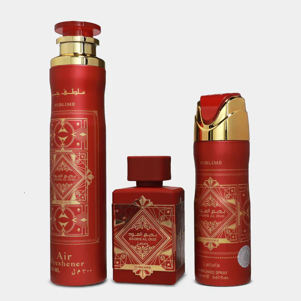 Lattafa Bade'e Al Oud Sublime 100ml EDP Spray + 200ml Perfume Spray + 300ml Air Freshener Gift Set - Image 2