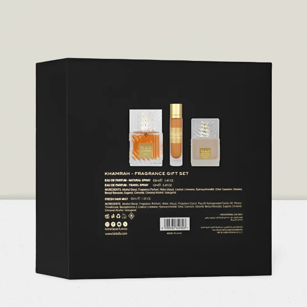 Lattafa Khamrah 100ml EDP Spray + 12ml EDP Travel Spray + 50ml Hair Mist Gift Set - Image 3