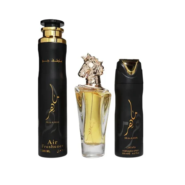 Lattafa Maahir 100ml EDP Spray + 200ml Perfume Spray + 300ml Air Freshener Gift Set - Image 2