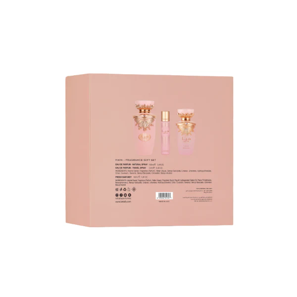 Lattafa Haya 100ml EDP Spray + 12ml EDP Travel Spray + 50ml Hair Mist Gift Set - Image 3