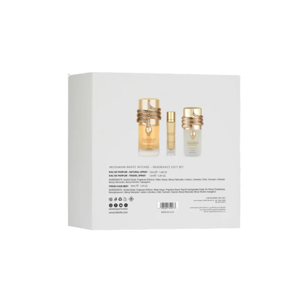 Lattafa Musamam White Intense 100ml EDP Spray + 12ml EDP Travel Spray + 50ml Hair Mist Gift Set - Image 3