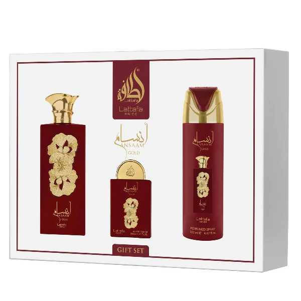 Lattafa Pride Ansaam Gold 100ml EDP Spray + 20ml EDP Spray + 200ml Perfumed Spray Gift Set
