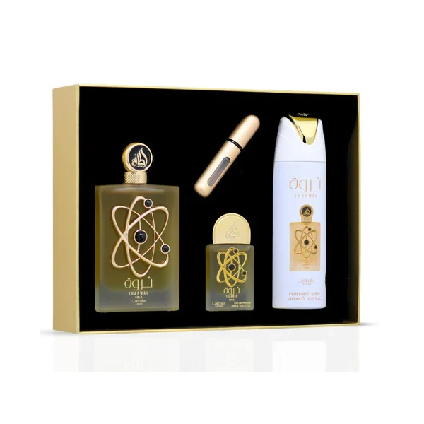 Lattafa Pride Tharwah Gold 100ml EDP Spray + 20ml EDP Spray + 200ml Perfumed Spray Gift Set - Image 2