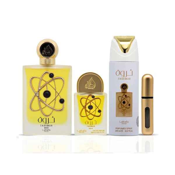 Lattafa Pride Tharwah Gold 100ml EDP Spray + 20ml EDP Spray + 200ml Perfumed Spray Gift Set - Image 3