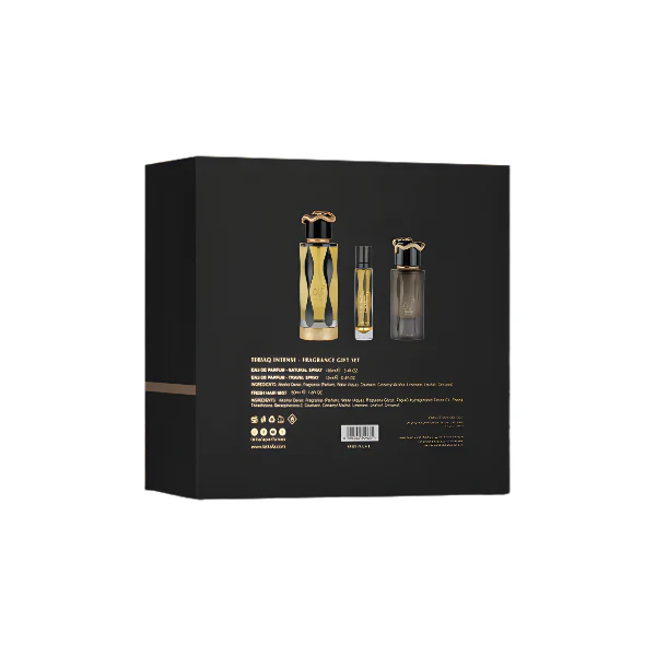 Lattafa Teriaq Intense 100ml EDP Spray + 12ml EDP Travel Spray + 50ml Hair Mist Gift Set - Image 3