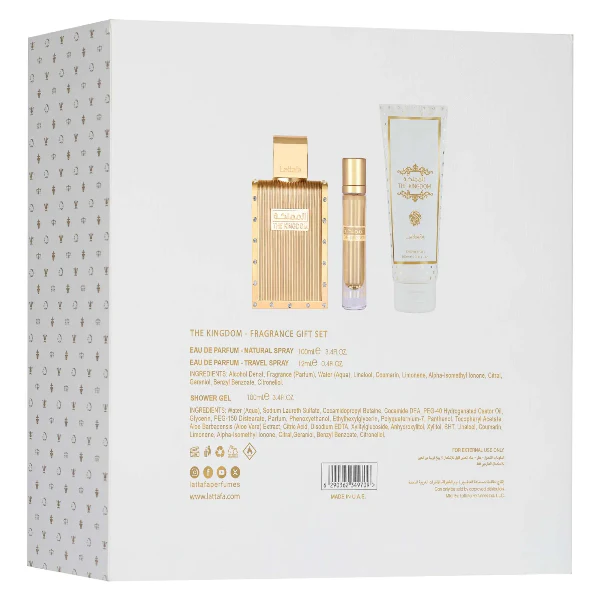 Lattafa The Kingdom For Men 100ml EDP Spray + 12ml EDP Travel Spray + 100ml Shower Gel Gift Set - Image 3